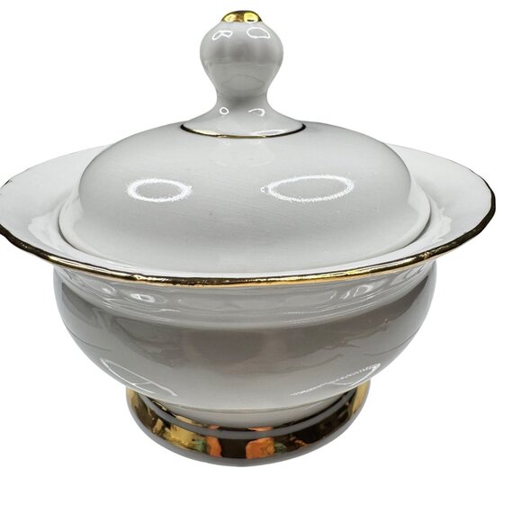Porcelain Lidded Sugar Bowl White with Gold Trim & Matching Ladle Vintage - Picture 11 of 16